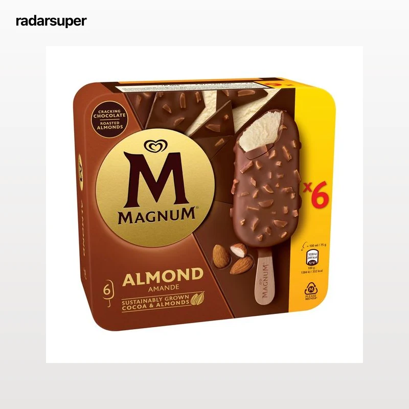 MAGNUM de Frigo Helado de vainilla recubierto de chocolate con almendras 6 x 100 ml.