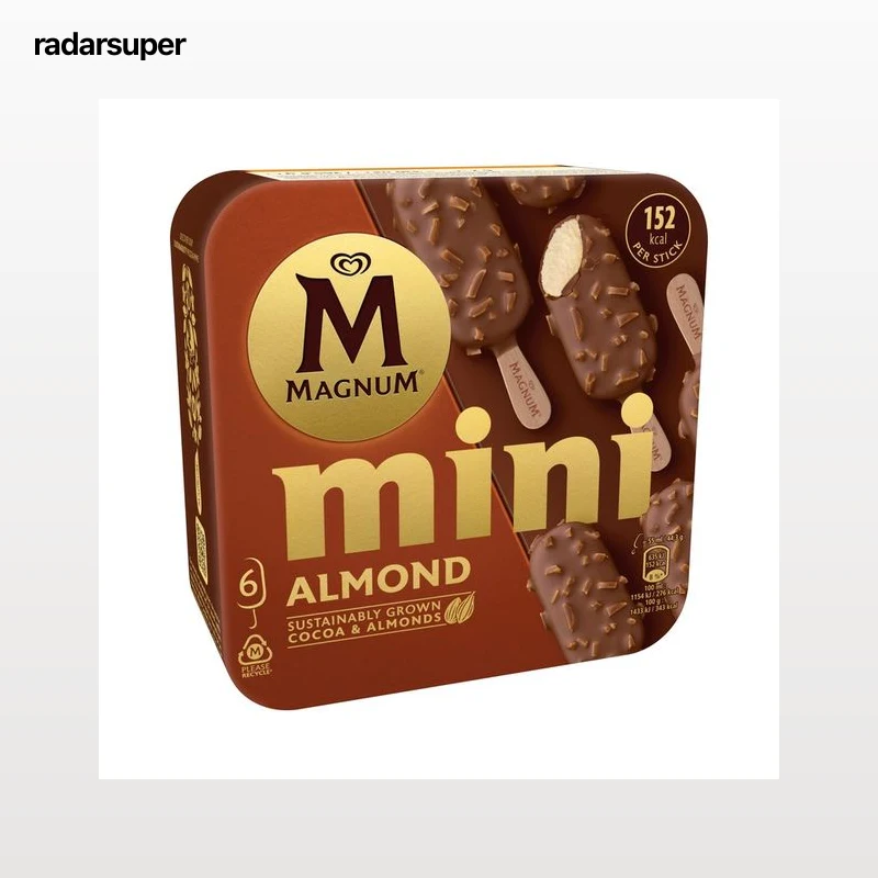 MAGNUM de Frigo Mini bombón helado de vainilla recubierto de chocolate con leche y almendras 6 x 60 ml.