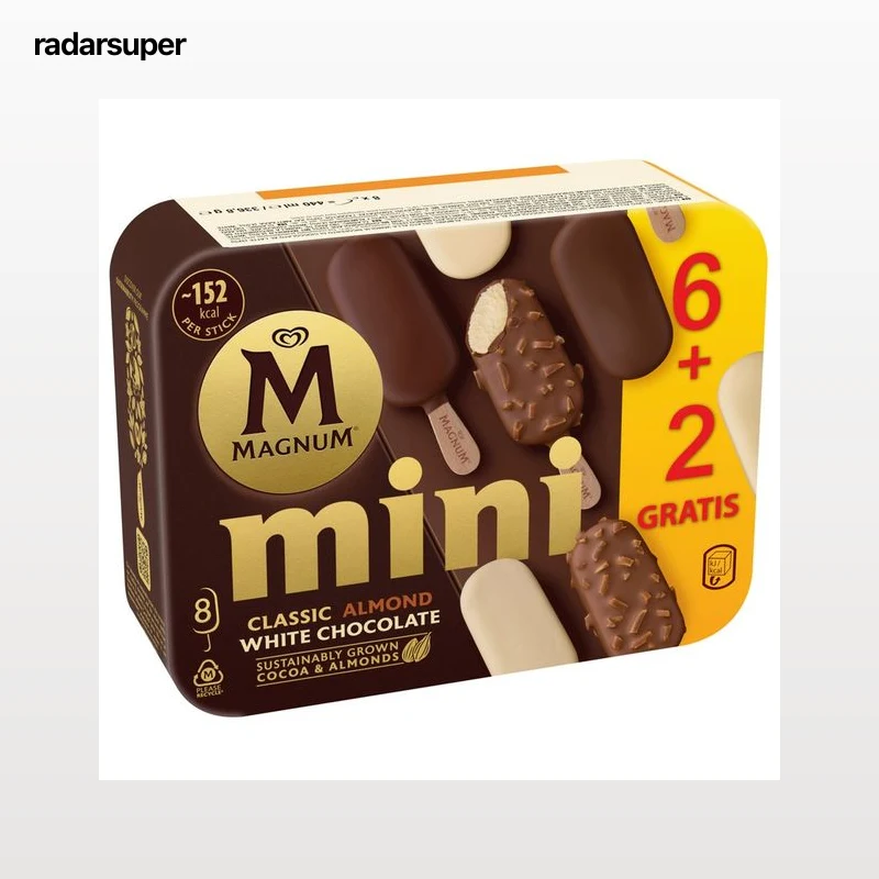 MAGNUM de frigo mini bombones almendradros, de chocolate, chocolate con leche y chocolate blanco 8 x 55 ml.