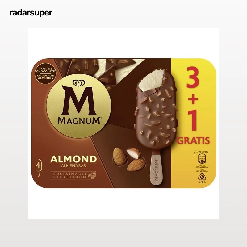 MAGNUM Helado de vainilla recubierto de chocolate con leche y almendras 4 x 110 ml.