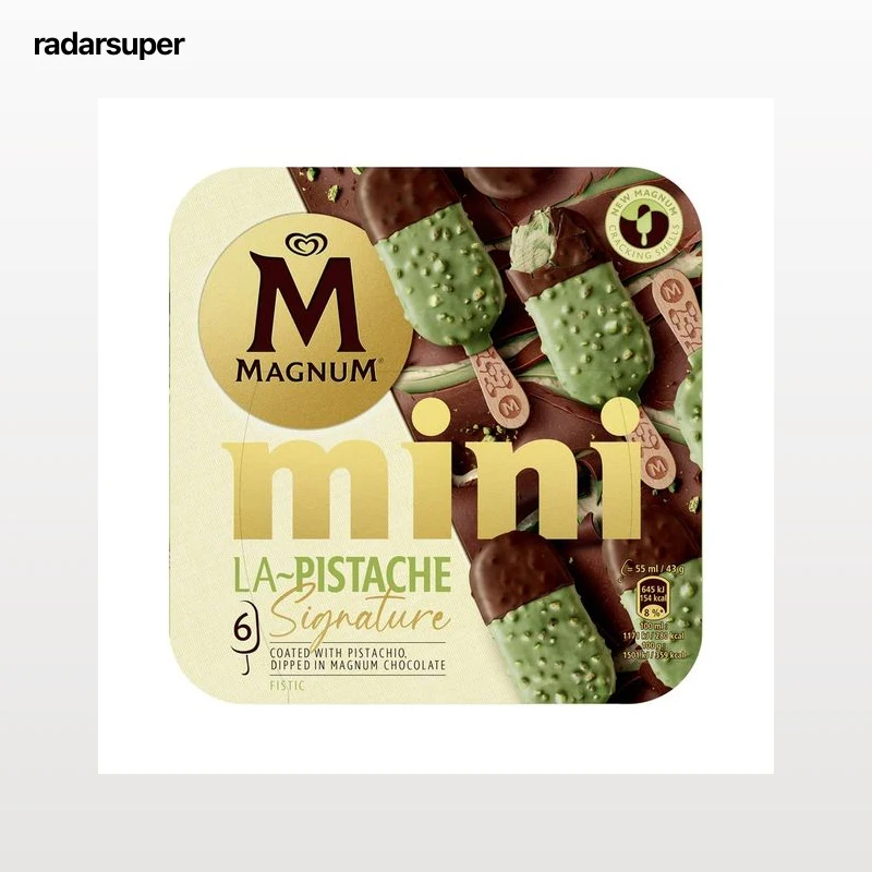 MAGNUM La pistache signature Mini helado de pistacho cubierto de chocolate con leche y pistachos caramelizados 6 x 55 ml.