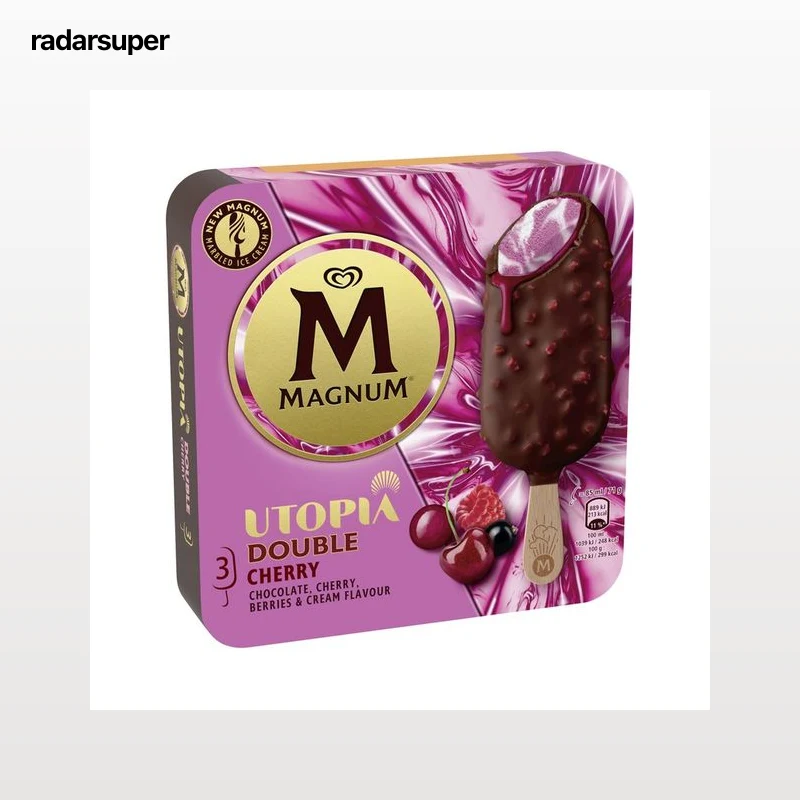 MAGNUM Utopia doble cherry Helado de frutas del bosque, nata y salsa de guinda, recubierto chocolate con leche 3 x 85 ml.