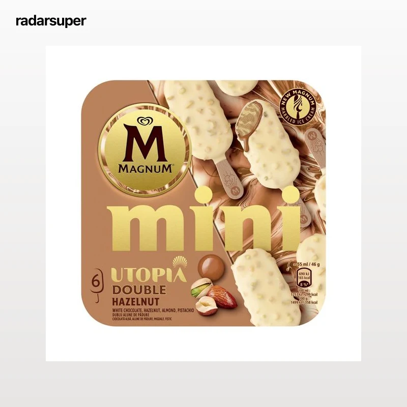 MAGNUM Utopia Mini helado de avellana recubierto de chocolate blanco y trocitos de frutos secos 6 x 55 ml.