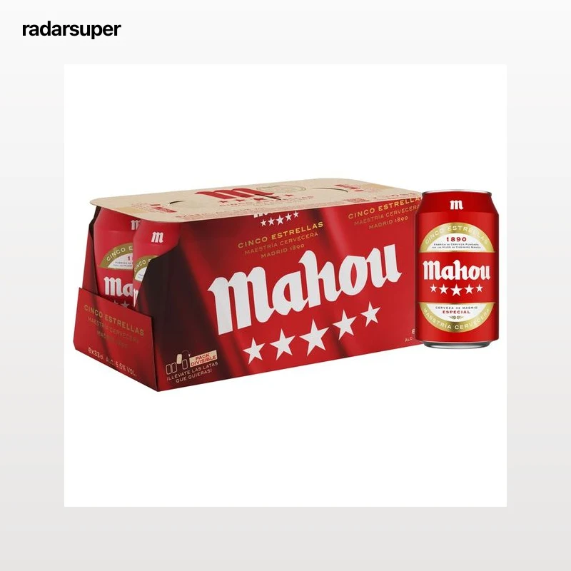 MAHOU 5 estrellas Cerveza rubia hecha en Madrid pack 8 latas  33 cl.
