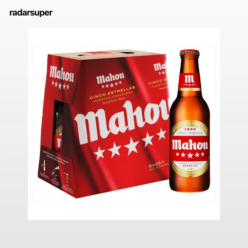 MAHOU 5 ESTRELLAS Cervezas pack de 6 botellas. 25 cl.