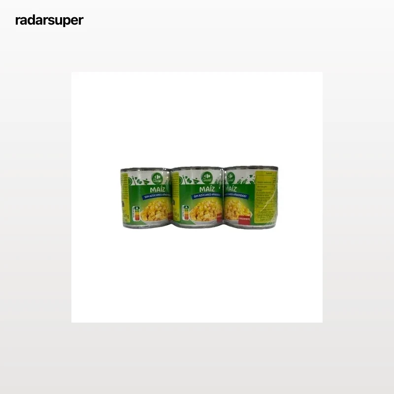 Maíz dulce Classic Carrefour sin sal y azúcar añadido pack de 3 latas de 140 g.