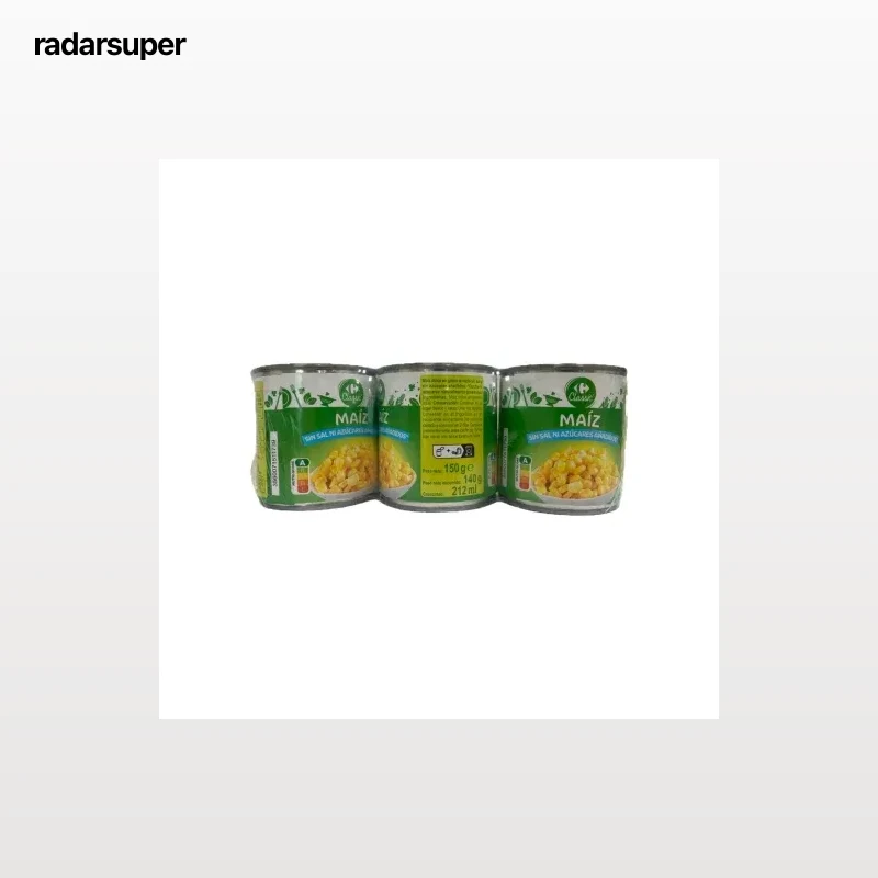 Maíz dulce sin sal Classic´ Carrefour sin azúcar añadido pack de 3 latas de 140 g.