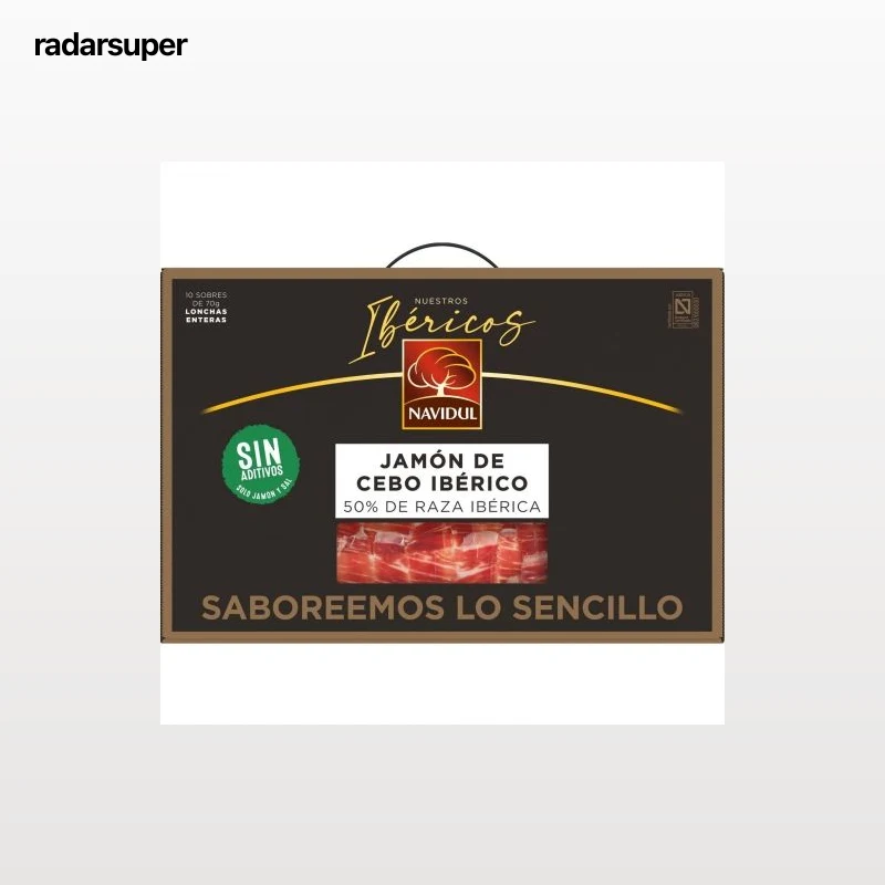 Maletín de Jamón de Cebo Ibérico 50% Raza Ibérica en lonchas Navidul 10 sobres de 70 g