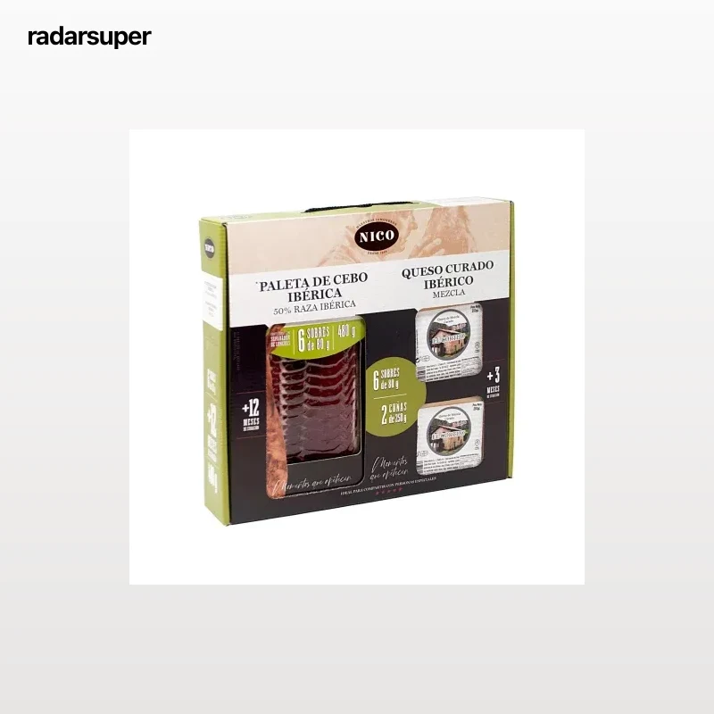 Maletín de Paleta de Cebo Ibérica 50% Raza Ibérica en lonchas 6 paquetes de 80 g + Queso de mezcla curado 2 cuñas de 250 g