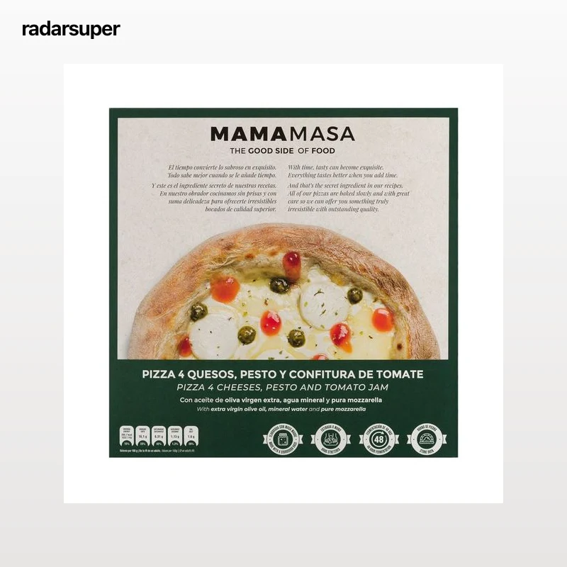 MAMAMASA Pizza congelada a los 4 quesos con pesto y confitura de tomate 420 g.