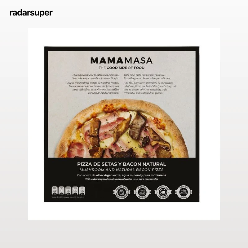 MAMAMASA Pizza congelada de setas y bacon natural, con AOVE y mozzarella 100% 435 g.