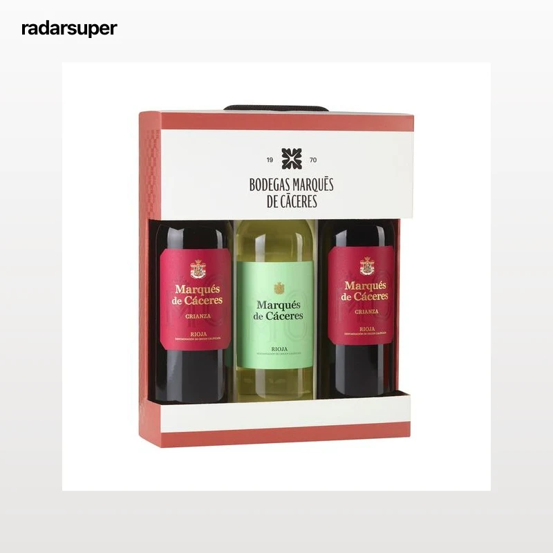 MARQUÉS DE CÁCERES  Estuche con 2 botellas de vino tinto crianza y 1 de vino blanco con D.O. Ca. Rioja.