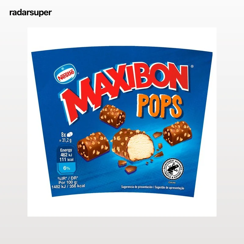 MAXIBON Pops Helado de vainilla recubierto de chocolate y arroz inflado 8 x 10 ml.