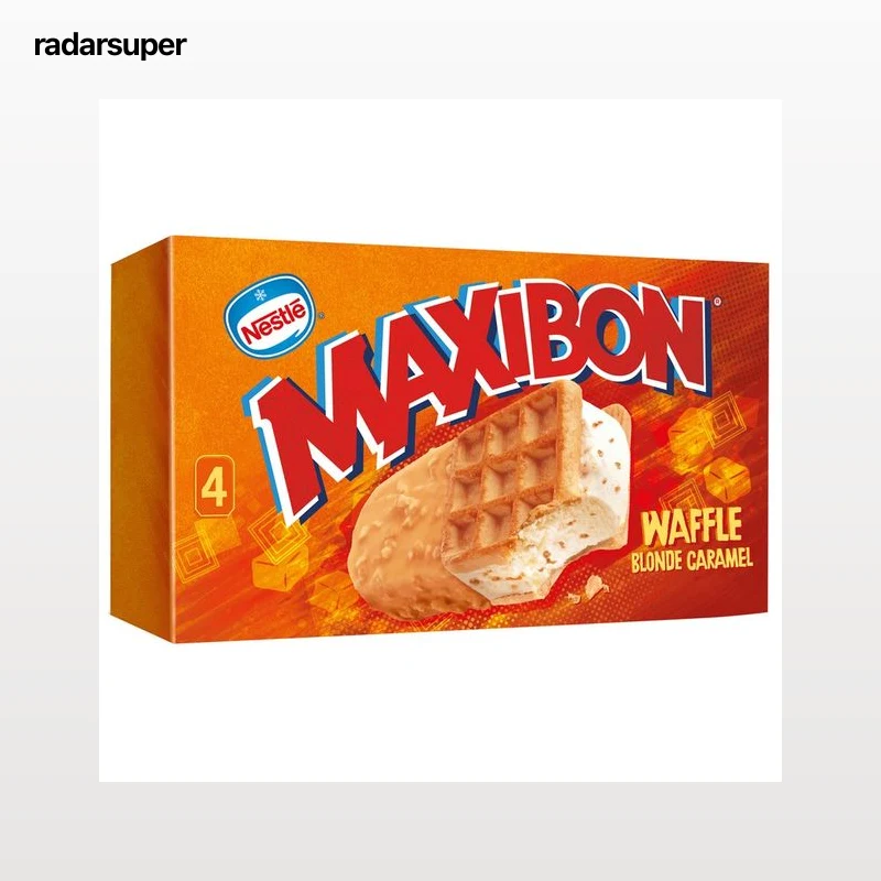 MAXIBON Sándwich de helado de nata con trocitos de azúcar caramelizada, chocolate blanco y caramelo waffle 4 x 140 ml.