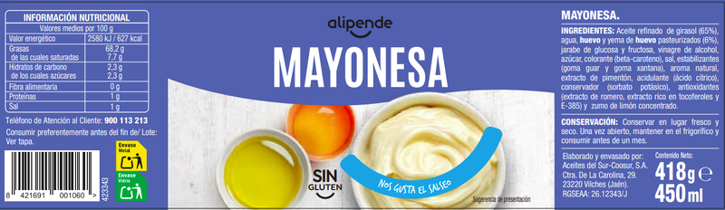 Mayonesa sin gluten alipende 450 ml