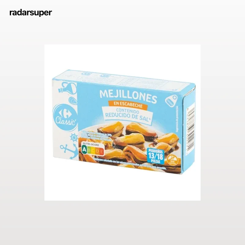 Mejillón en escabeche 13/18 bajo contenido en sal Classic Carrefour sin gluten 69 g.