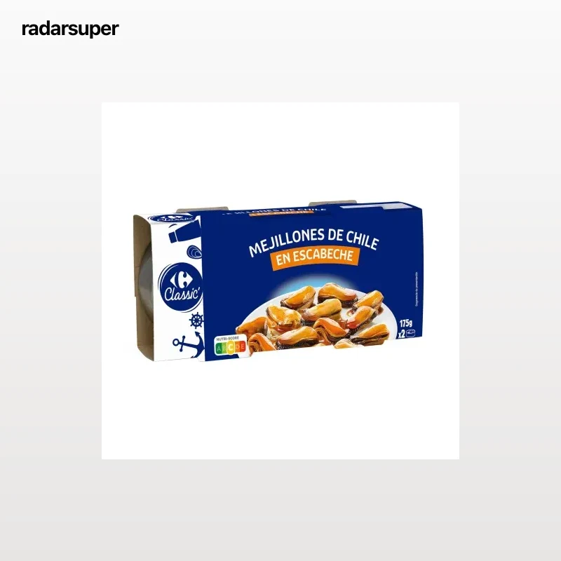 Mejillones de Chile en escabeche con aceite de girasol Carrefour pack de 2 latas de 106 g.