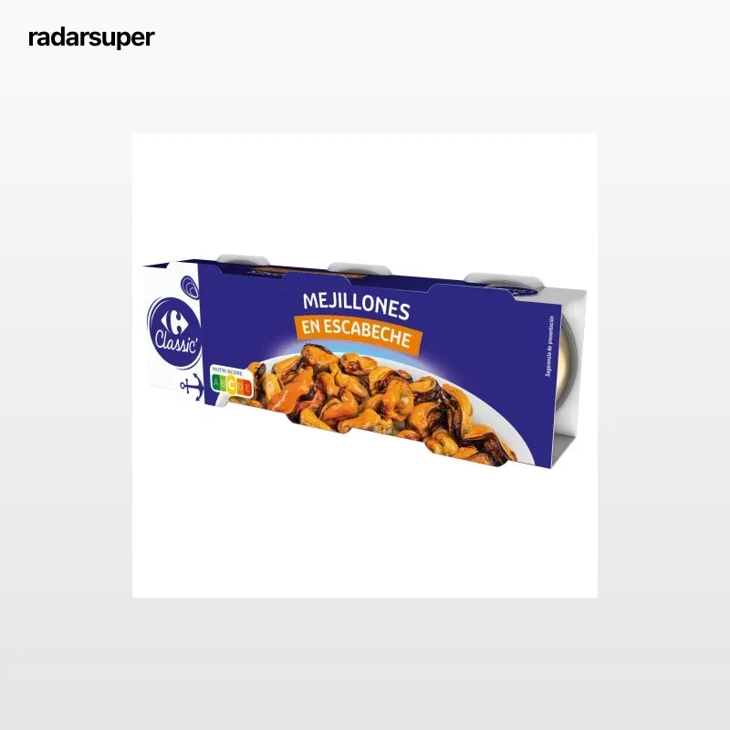 Mejillones en escabeche 16/20 Classic Carrefour sin gluten pack de 3 unidades de 43 g.