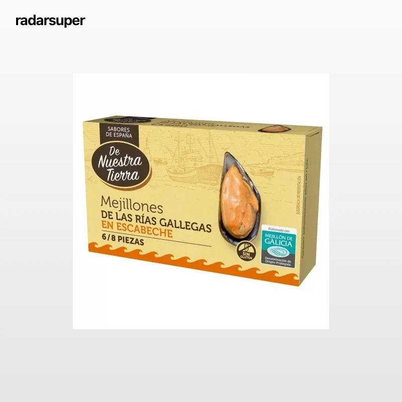 Mejillones en escabeche 6/8 De Nuestra Tierra sin gluten 69 g.