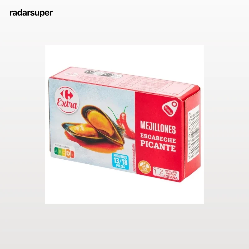 Mejillones en escabeche picante 13/18 Extra Carrefour sin gluten 69 g.