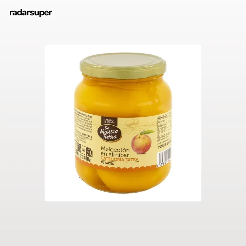 Melocotón en almíbar calidad extra en mitades De Nuestra Tierra 400 g.