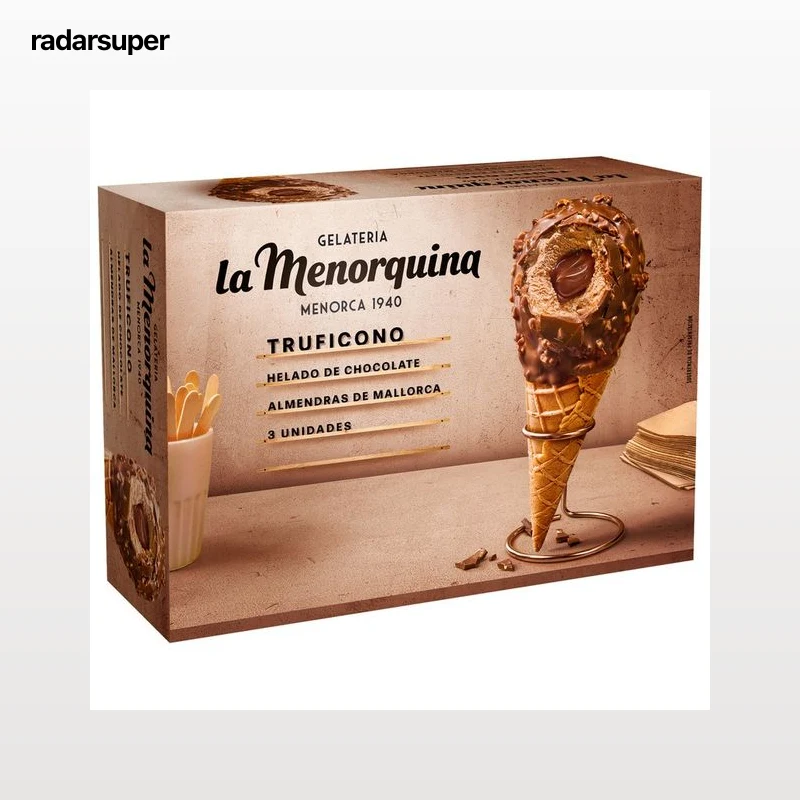 LA MENORQUINA Conos de helado de chocolate con nata, salsa de chocolate y cobertura de chocolate con leche recetas artesanales 3 x 130 ml.
