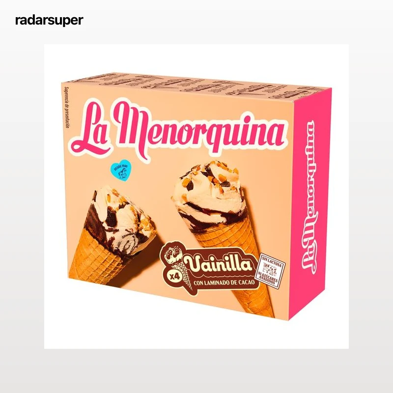 LA MENORQUINA Conos de helado de vainilla con laminado de chocolate, sin azúcares añadidos y sin lactosa 4 x 120 ml.