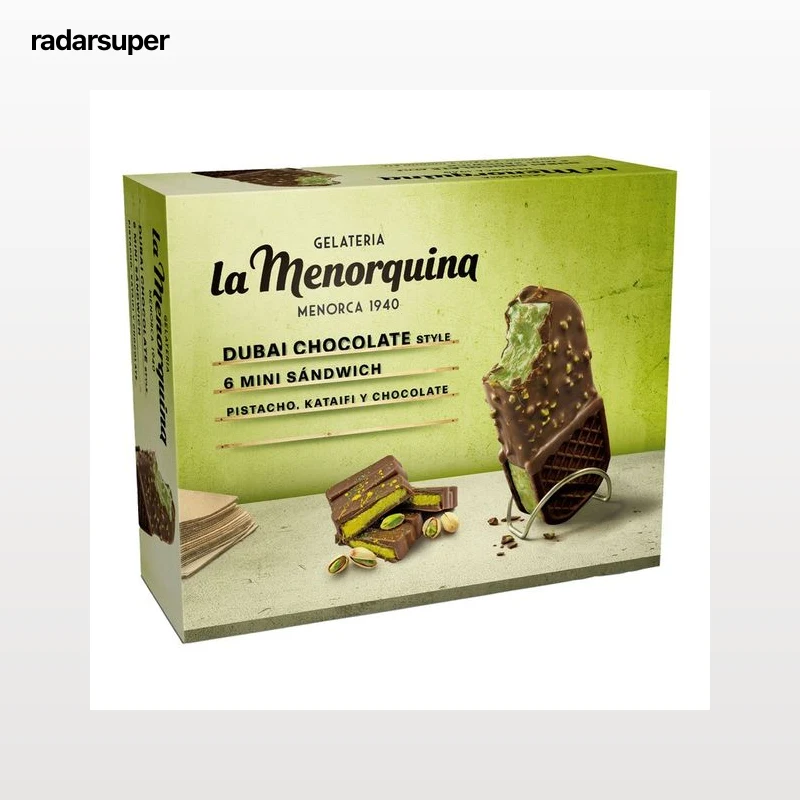 LA MENORQUINA Mini sandwich de nata con chocolate estilo dubai, katafi y pistacho 6 x 85 ml.
