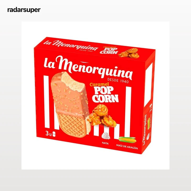 LA MENORQUINA Sandwich de helado de nata con palomitas de maiz con caramelo 3 x 160 ml.