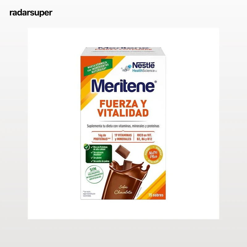 MERITENE Suplemento alimenticio con vitaminas, minerales y proteínas, con sabor a chocolate MERITENE Fuerza y vitalidad 15 uds.
