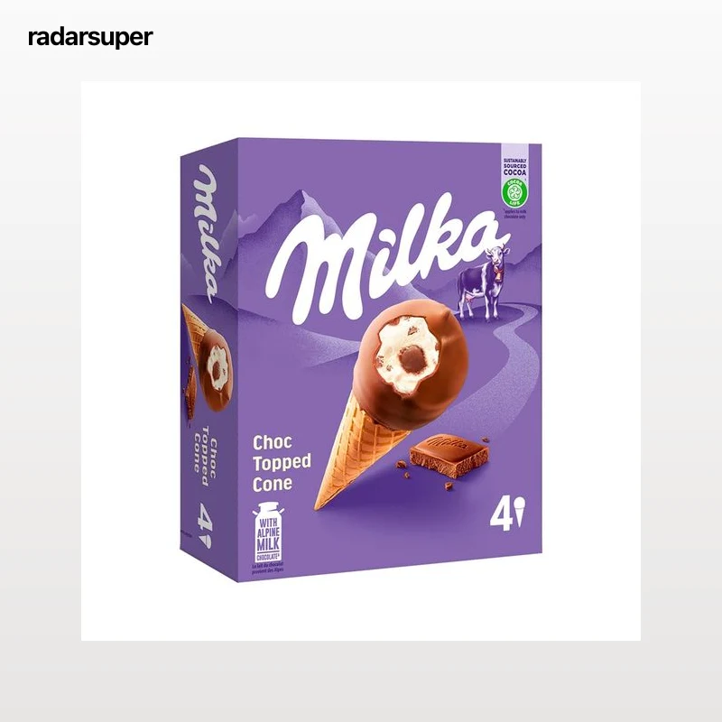 MILKA Cono de helado de vainilla con corazón de avellana, recubierto de chcolate con leche 4 x 100 ml.