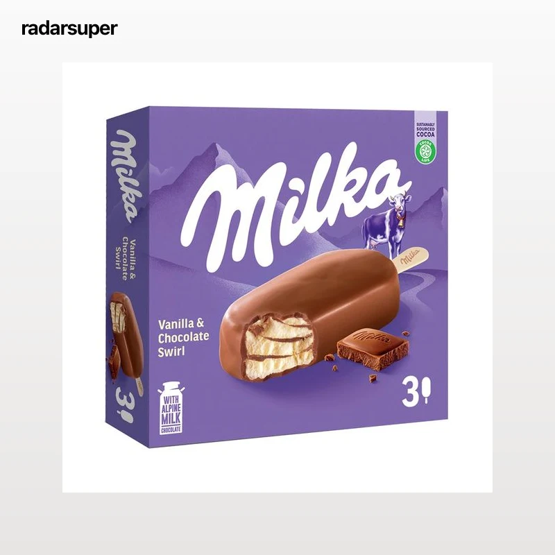 MILKA Helado de vainilla con chocolate con leche (leche proviniente de los Alpes) recubierto de chocolate con leche 3 x 90 ml.