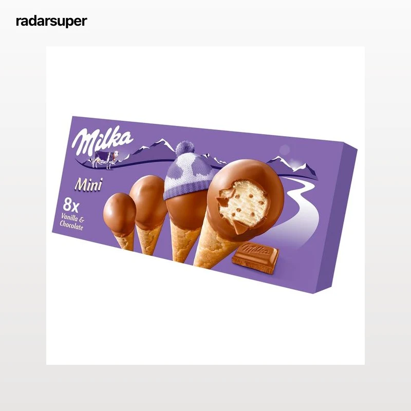 MILKA Mini conos de vainilla con trocitos de chocolate con leche y recubiertos de chocolate 8 x 25 ml.