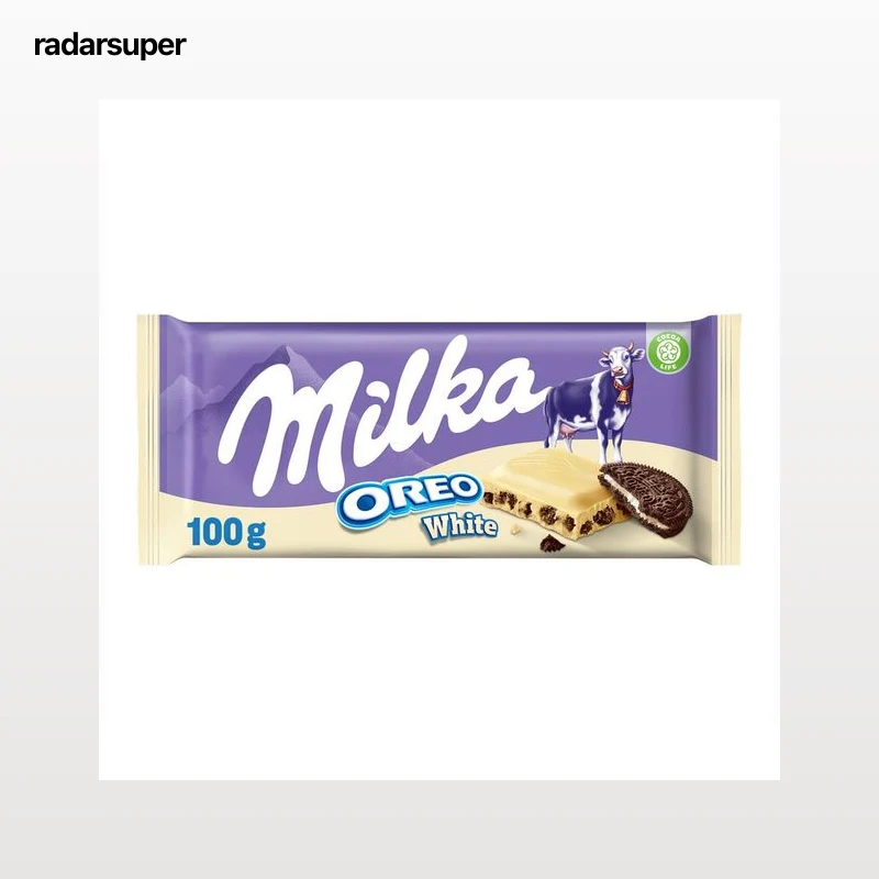 MILKA OREO BLANCO.Chocolate blanco con relleno sabor vainilla y trozos de galleta con cacao 100 g.