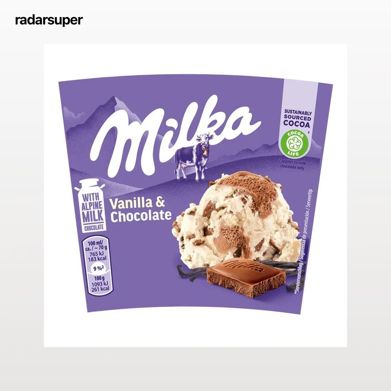 MILKA Tarrina de helado de vainilla con trozos y chocolate con leche 425 ml.