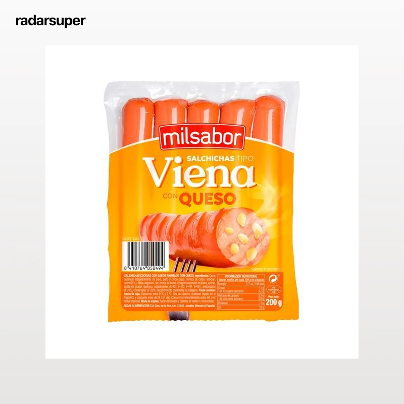 MILSABOR Salchichas cocidas mixtas (pavo, pollo y cerdo) con queso, tipo Viena 200 g.