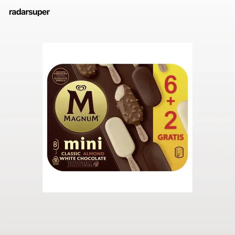 Mini bombón helado clásico, almendras y chocolate blanco Magnum sin gluten 6 ud.