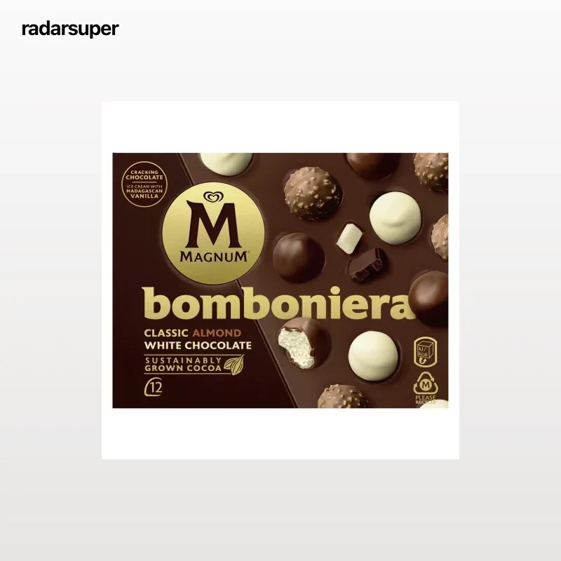 Mini bombones helados clásico, almendras y chocolate blanco Bomboniera Magnum sin gluten 12 ud.