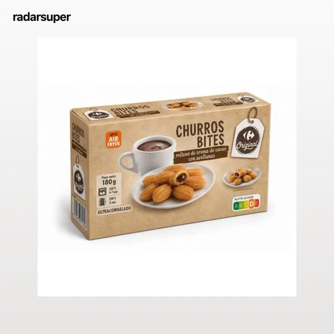 Minichurros bites relleno de crema de cacao con avellana Carrefour Original 180 g.