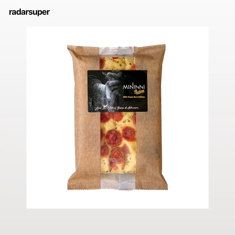 MININNI BUÉNE Focaccia de semola de trigo duro con tomates cherry y AOVE 210 g.