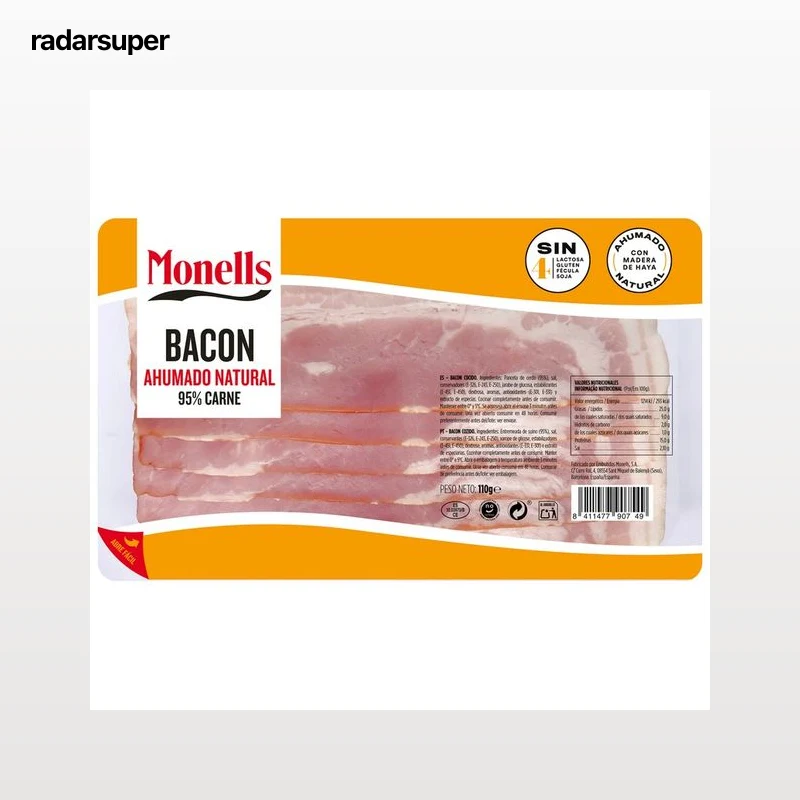 MONELLS Bacon cocido y ahumado natural sin gluten ni lacotosa, cortado en lonchas 110 g.
