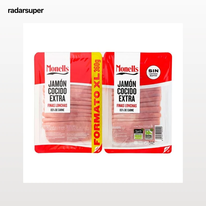 MONELLS Jamón cocido de categoria extra, cortado en finas lonchas MONELLS 2 x 180 g.