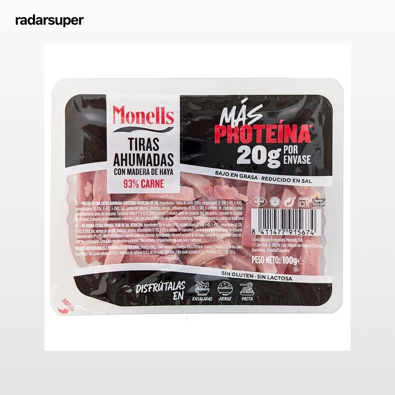 MONELLS Más proteína Tiras de bacon ahumadas con madera de haya 100 g.
