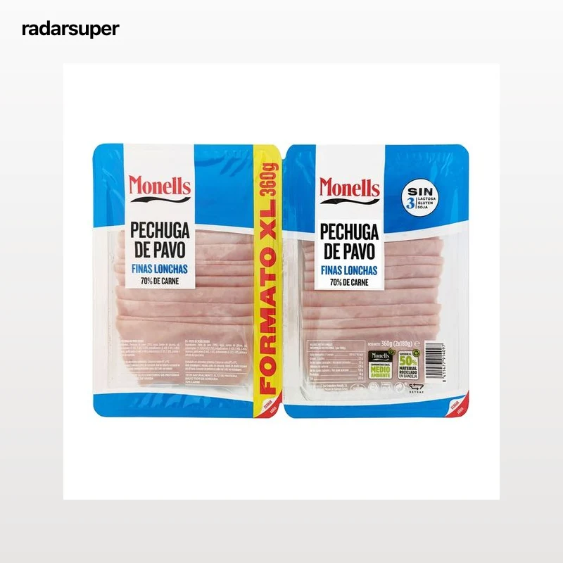 MONELLS Pechuga de pavo cocida, sin gluten y cortada en finas lonchas MONELLS 2 x 180 g.