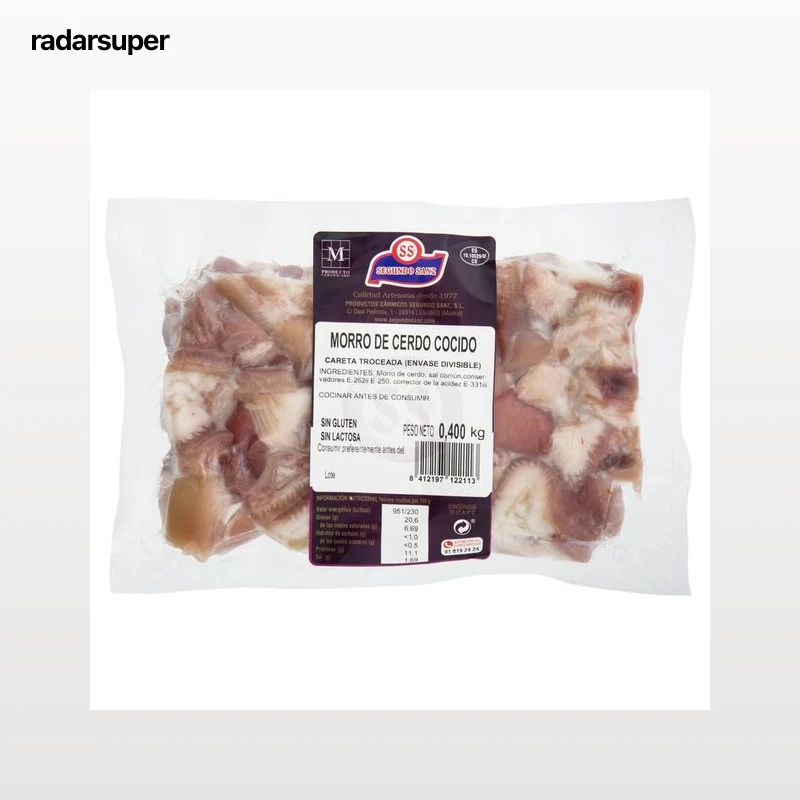 Morro (careta) de cerdo cocido y troceado, elaborado sin gluten ni lactosa SEGUNDO SANZ 400 g.