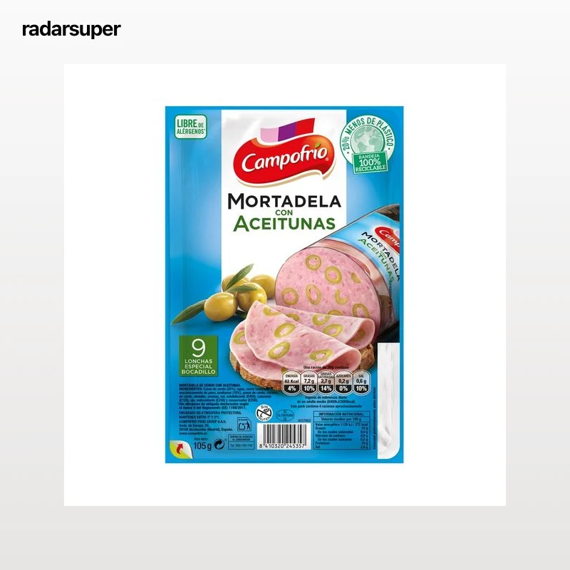 Mortadela con aceitunas cortada lonchas especiales para bocadillo CAMPOFRÍO 105 g.