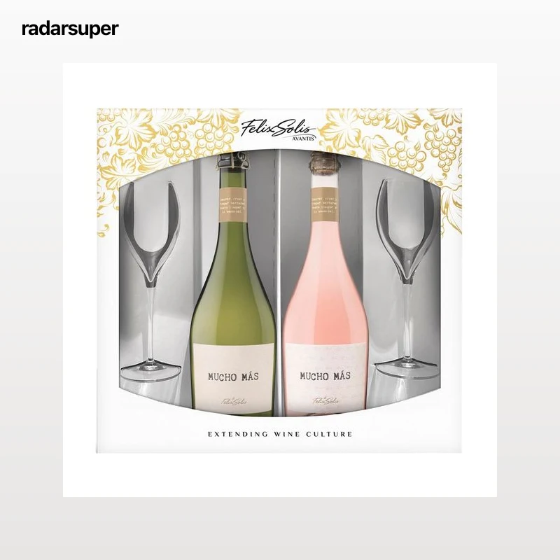 MUCHO MÁS Estuche con botella de vino blanco espumoso (75 cl) y vino rosado espumoso (75 cl)..