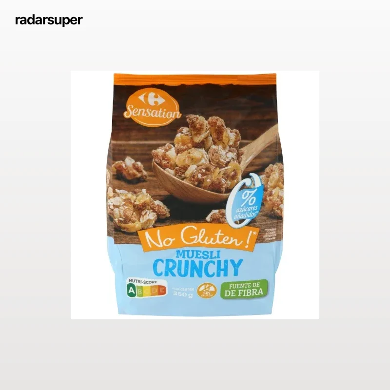 Muesli crujiente Carrefour Sensation sin gluten y sin azúcar añadido 350 g.
