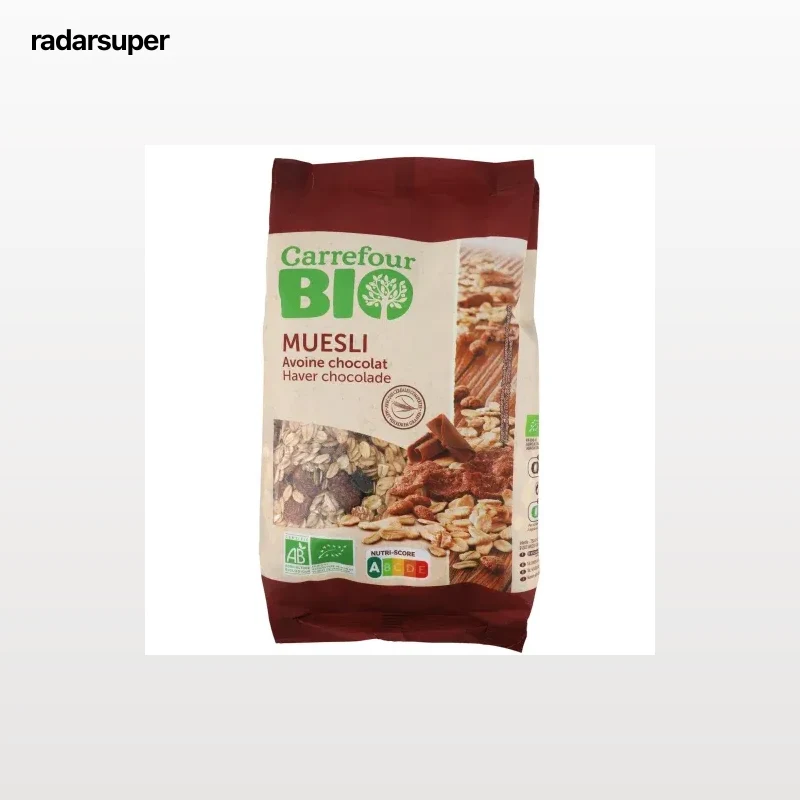 Muesli de avena de chocolate ecológico Carrefour Bio 375 g.