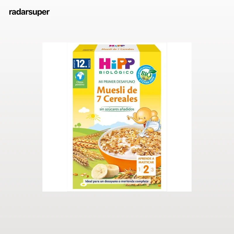 Muesli infantil desde 12 meses 7 cereales sin azúcar añadido ecológico Hipp Biológico Mi Primer Desayuno 200 g.